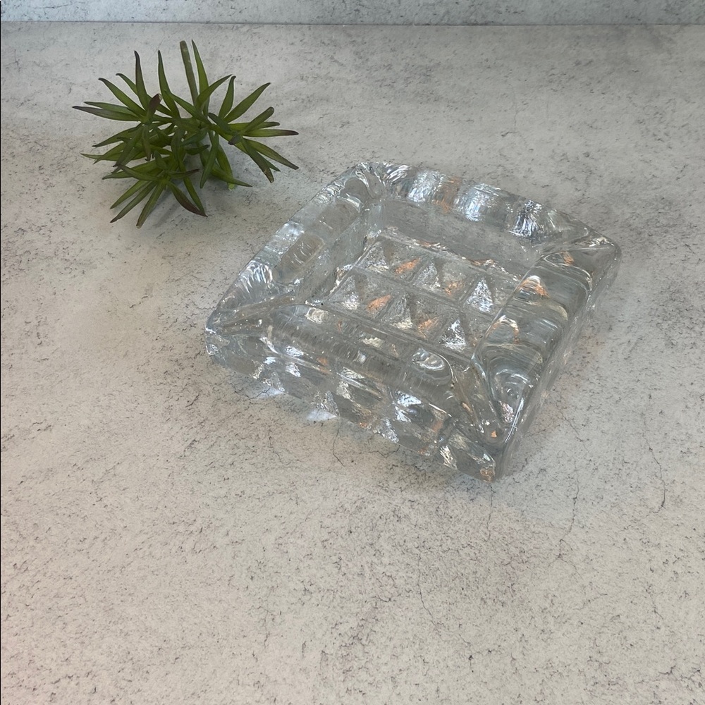 Vintage Style Textured Glass Ashtray Geometric Catchall Dish MCM Brutalist 5”